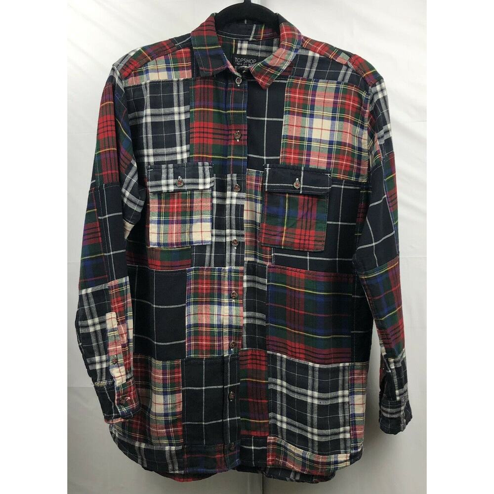 Topshop Shirt Women 4 Black Red Plaid 100% Cotton Button Up Shirt Long Sleeve